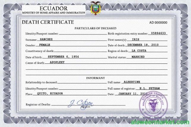 Ecuador vital record death certificate PSD template